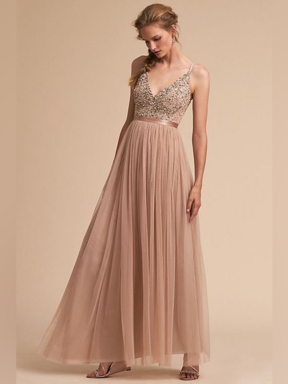 BHLDN x Anthropologie Avery Sequin Maxi Reception Dress Champagne Pink 14